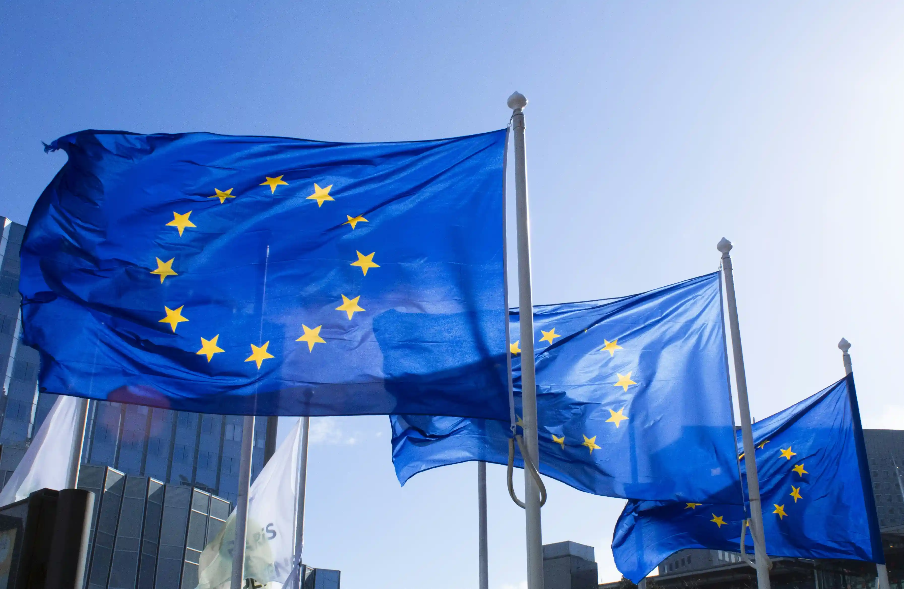 Several European Union flags waving in front of a building, under a blue sky. 